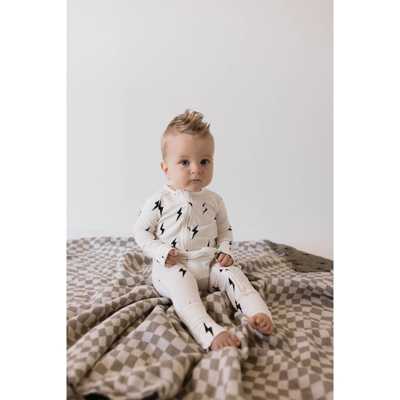 Bamboo Zip Pajamas | White & Black Lightning Bolt