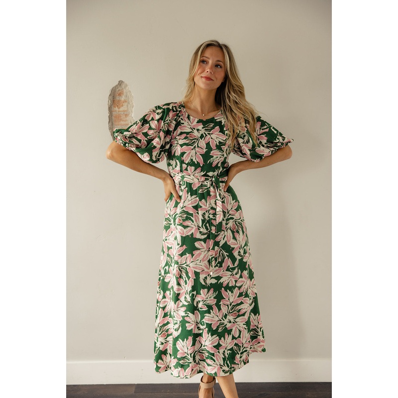 Darby Floral Puff Sleeve Midi|DarkGreen|S|M|L|XL