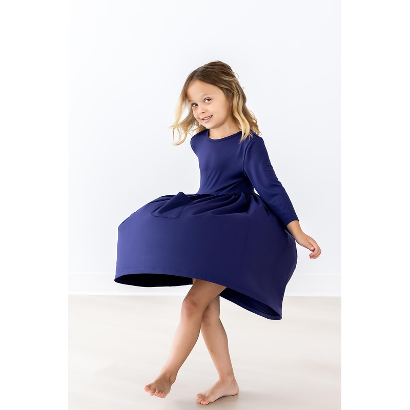 Navy 3/4 Sleeve Pocket Twirl Dress
