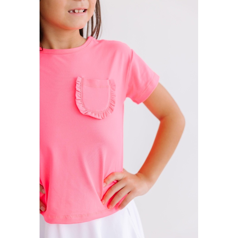 Neon Pink Ruffle Pocket Tee|6-12M|12-24M|2T|3T|4T|5/6|7/8|9/10