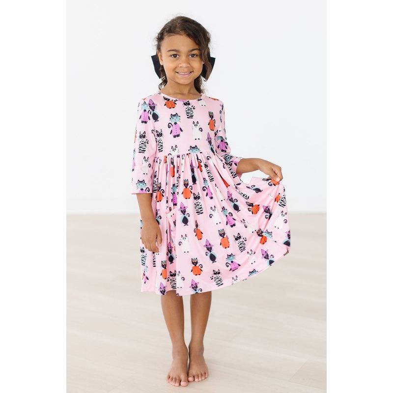 Purr-fectly Spooky 3/4 Sleeve Pocket Twirl Dress