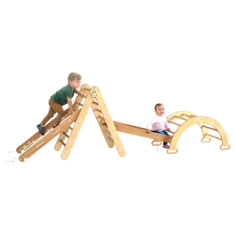 4in1 Montessori Climbing Set: Triangle Ladder + Arch/Rocker + Slide Board/Ramp + Net  Chocolate