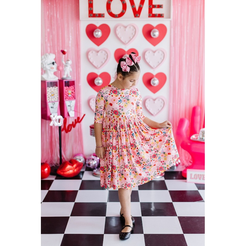 Bouquet Beauty 3/4 Sleeve Pocket Twirl Dress
