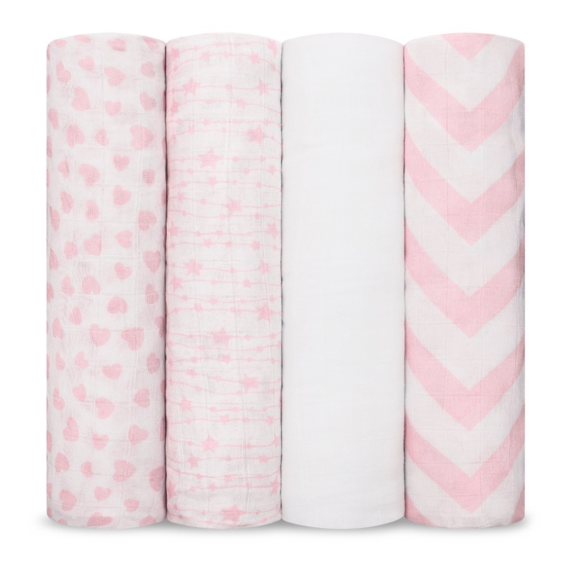 Muslin Swaddle Blankets, 4 Pack by Comfy Cubs – Pink