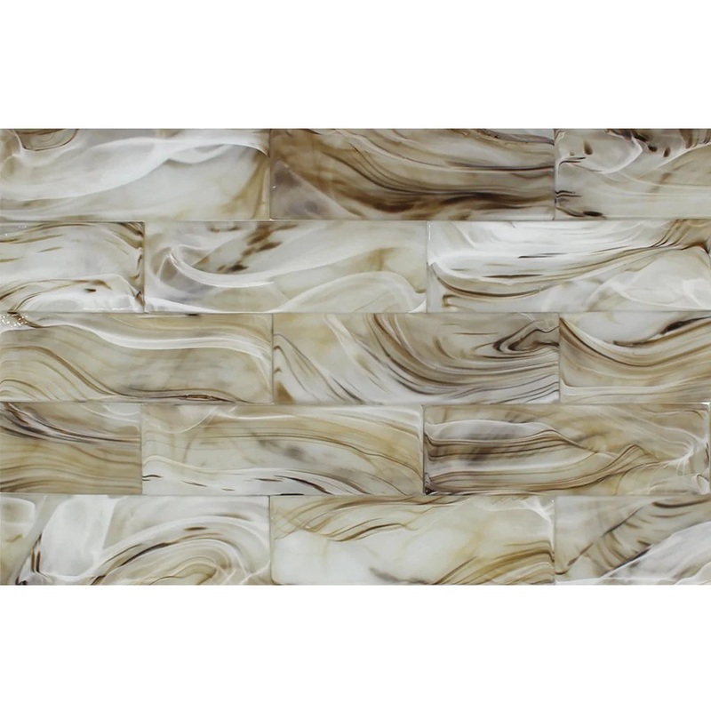 Arcus White on Brown 3×9 Glass Subway Tile Clouds Series – Aquatica Collection