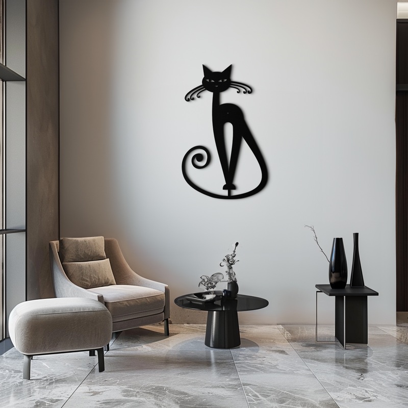 Elegant Cat Metal Wall Art – Geometric Black Metal Wall Sculpture – KAF052