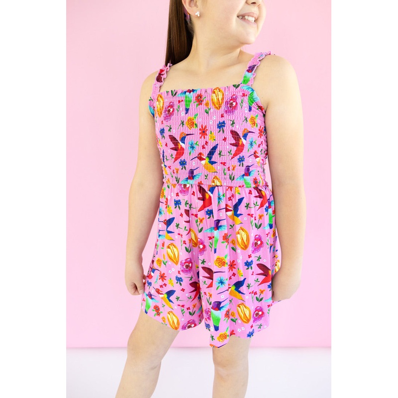 Hummingbird Floral Smocked Shorts Romper