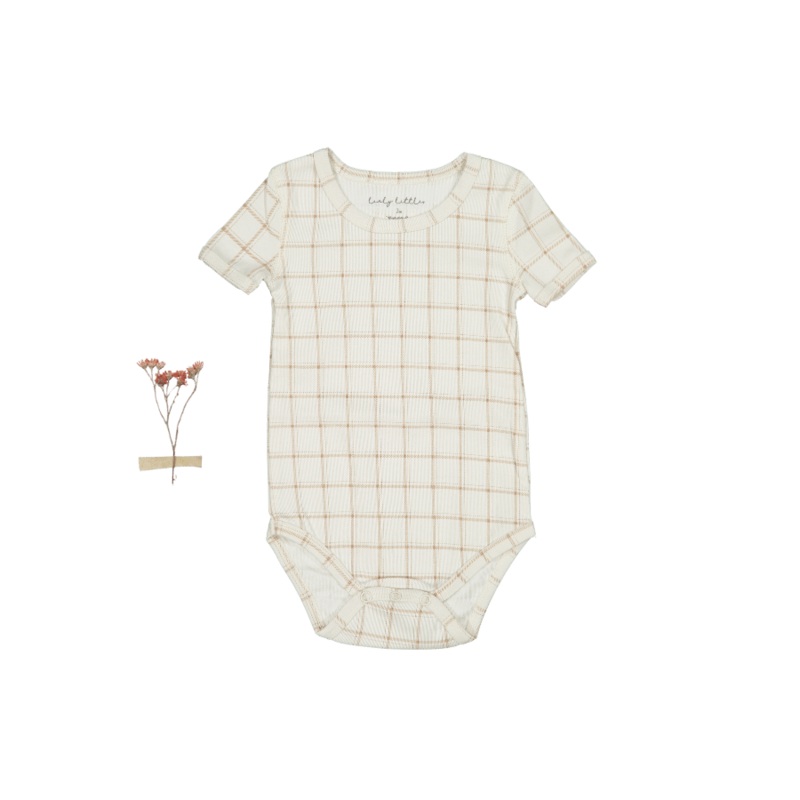 The Printed Short Sleeve Onesie – Tan Grid