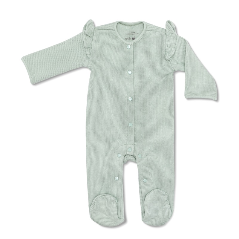 Waffle Ruffle Footie – Sage|0-3 mo.|3-6 mo.|6-9 mo.|Sage
