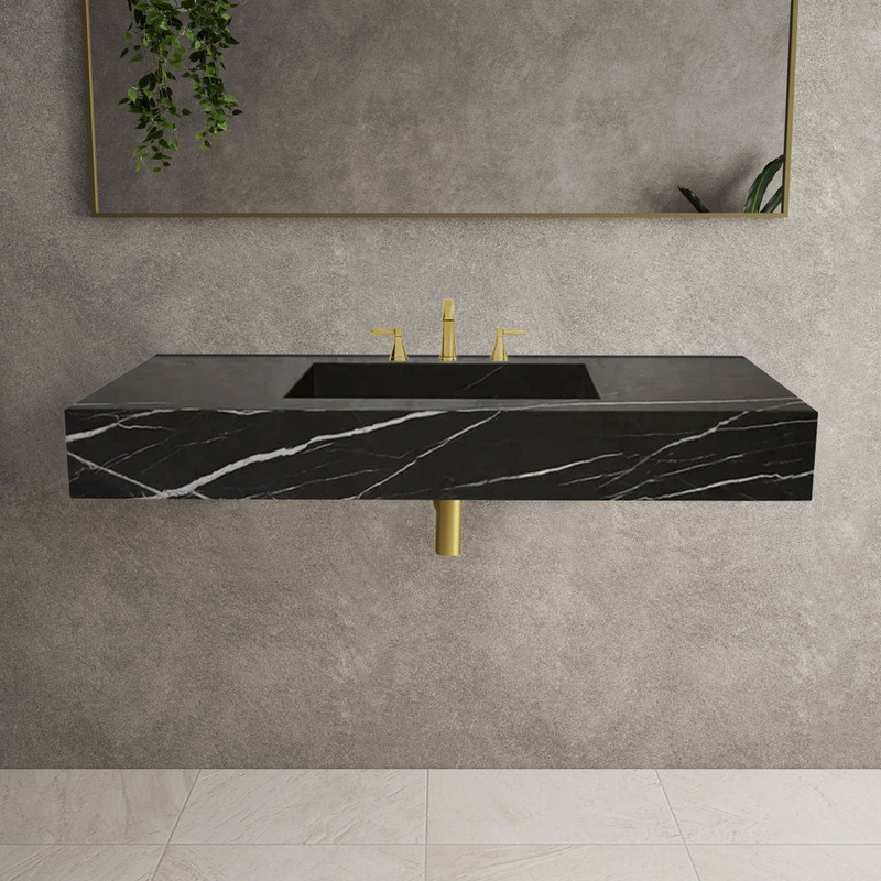 Toros Black Marble Rectangular Wall-mount Bathroom Sink (W)20 (L)48 (H)6