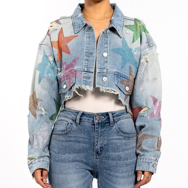 Fashion Rhinestone Star Raw Edge Short Long Sleeve Jean Jacket Women – Women Jacket and Women Denim Jacket price