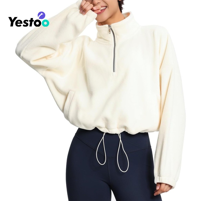 Women&rsquor; S Half Zip Crop Pullover Jacket Fleece Stand Collar Workout Tops with Pockets Drawstring Hem – Womens Jacket and Womens Sport Jacket price