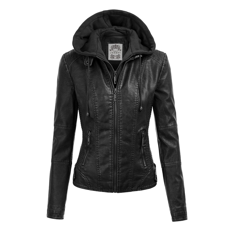 Asiapo China Factory Womens Fashion Moto Bomber PU Leather Jacket with Detachable Hoodie – Classic Jackets and Hunting Jackets price