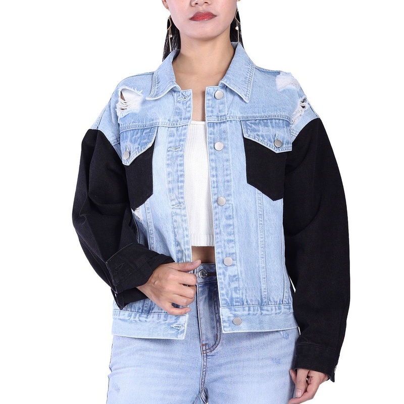Custom Breathable Ripped Designed Collar Down Patckwork Denim Women Motorcycle Jackets – Denim Jacket and Women Denim Jacket price