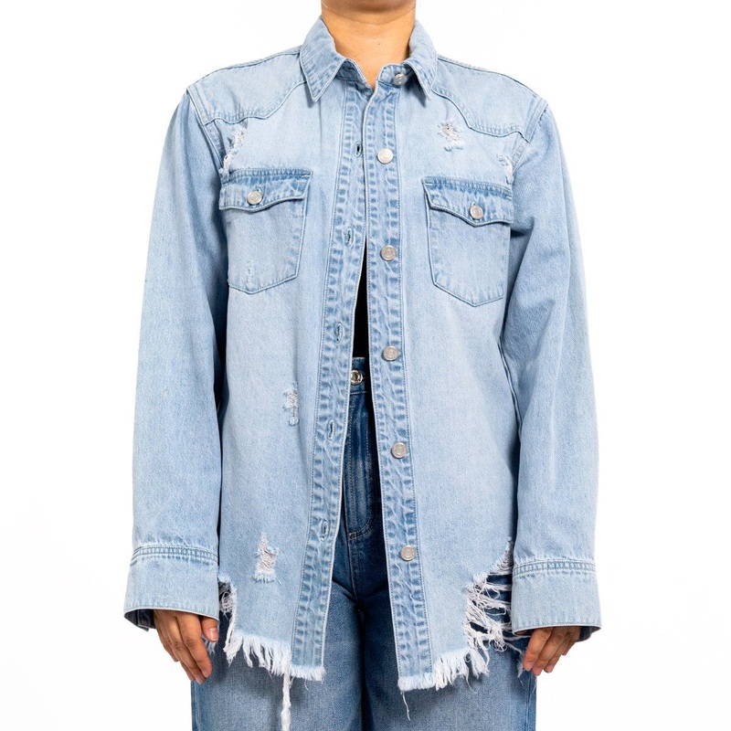 Custom Casual Light Color Washed Hole Raw Edge Long Sleeve Womens Denim Jackets – Womens Jean Jacket and Jean Shirts for Women price