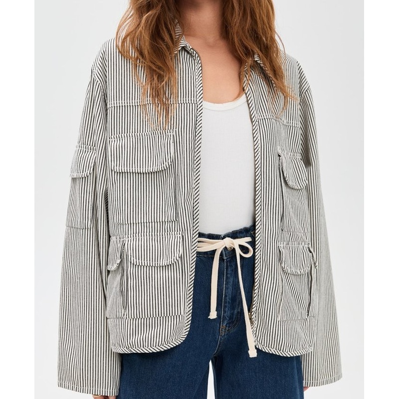 Light Weight Non Stretch Denim Railroad Stripe Pattern Front Flap Pockets Womens Long Sleeve Jacket, Unlined – Light Weight Denim Jacket and Stripe Pattern Jacket price