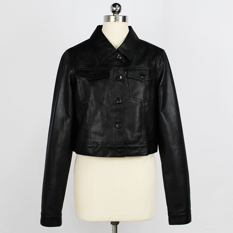 Womens Black Color PU Leather Classic Spring-Autumn Short Jacket with Shank Buttons – PU Leather Jacket and Women Jacket price