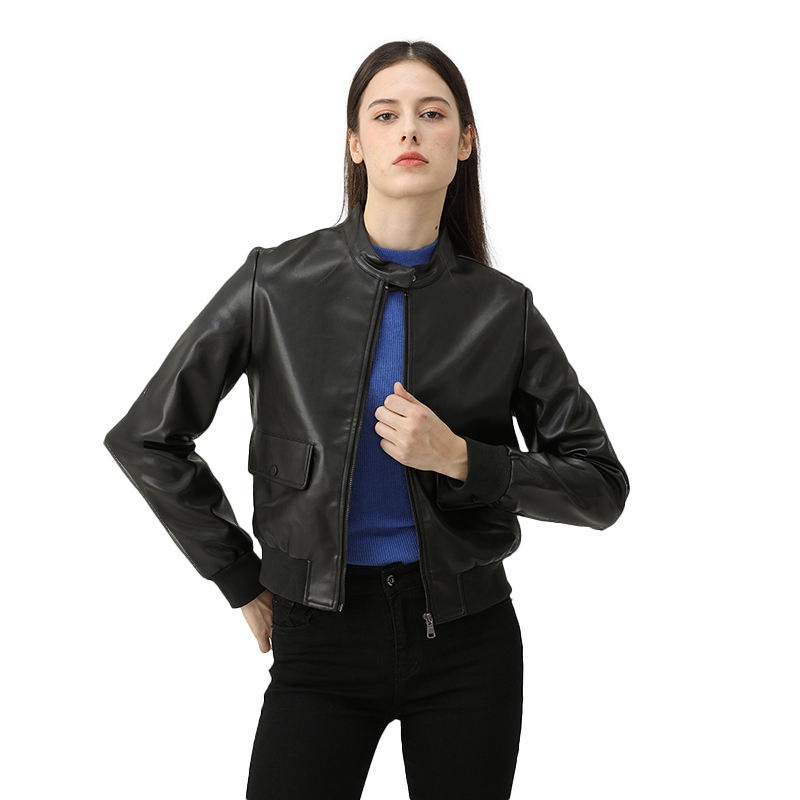 2024 Spring Autumn Women Black PU Cropped Collar Zipper Short Leather Jackets – Jacket and Clothing price