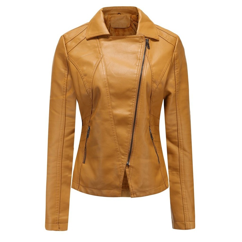 Yellow PU Leather Ladies Slim Fit Lapel Casual Jacket with Zipper Pockets – Apparel and Windproof Jacket price