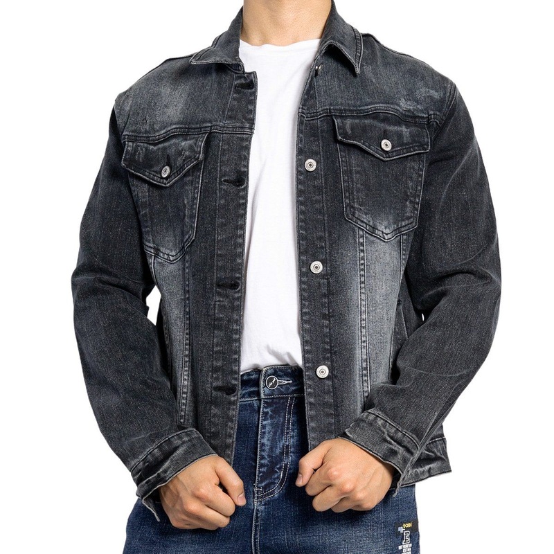 Custom European Style Dark Grey Stone Washed Denim Long Sleeve Men Denim Jacket – Denim Jackets and Men Jacket price