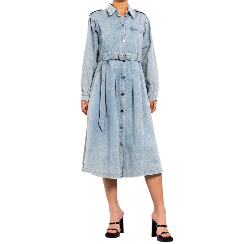 Custom Women Light Blue High Waist Hepburn Style Denim Dress New Knee Length Denim Jacket – Jean Jacket and Ladies Jacket price