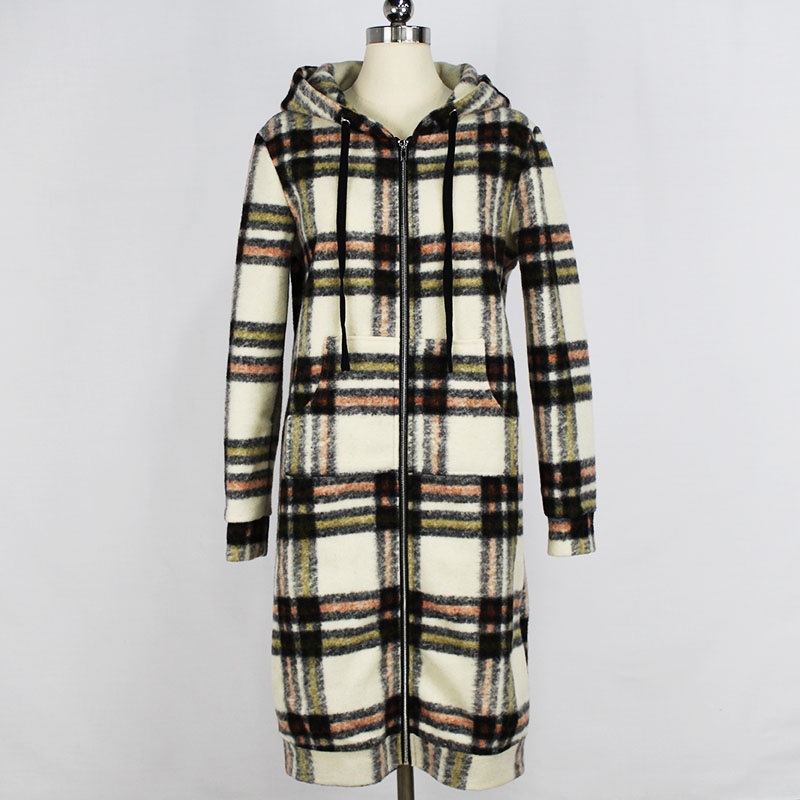 Womens Yarn Dye Plaid Brown Color Knit Poly Melton Hoodie Zipper Front Long Jacket – Jacket and Waist Draw String Jacket price