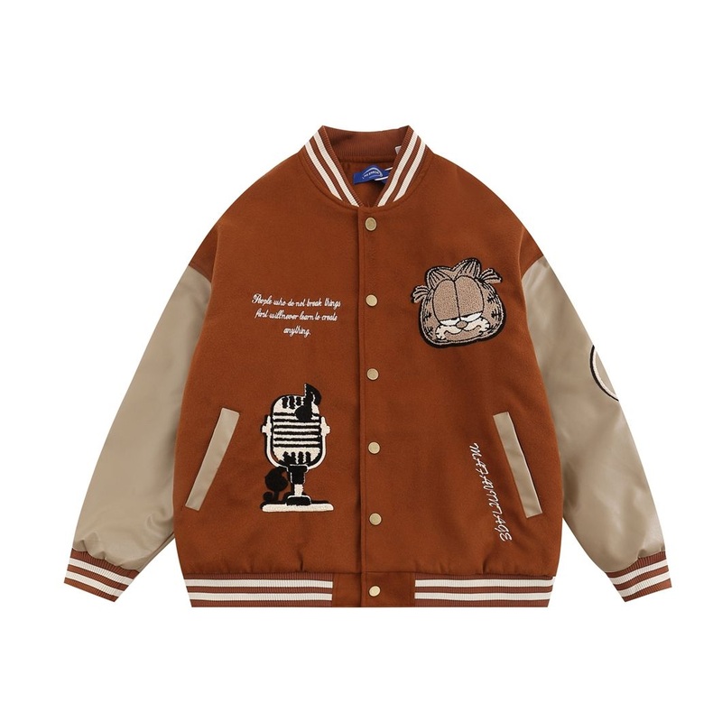 American Retro PU Leather Sleeve Quilted Baseball Uniform Cartoon Embroidered Jacket Street Fashion Brand Loose Unisex Jacket – Inside Sublimation Lining Letterman Denim Jacket and Brand Embroidery Logo Jacket price