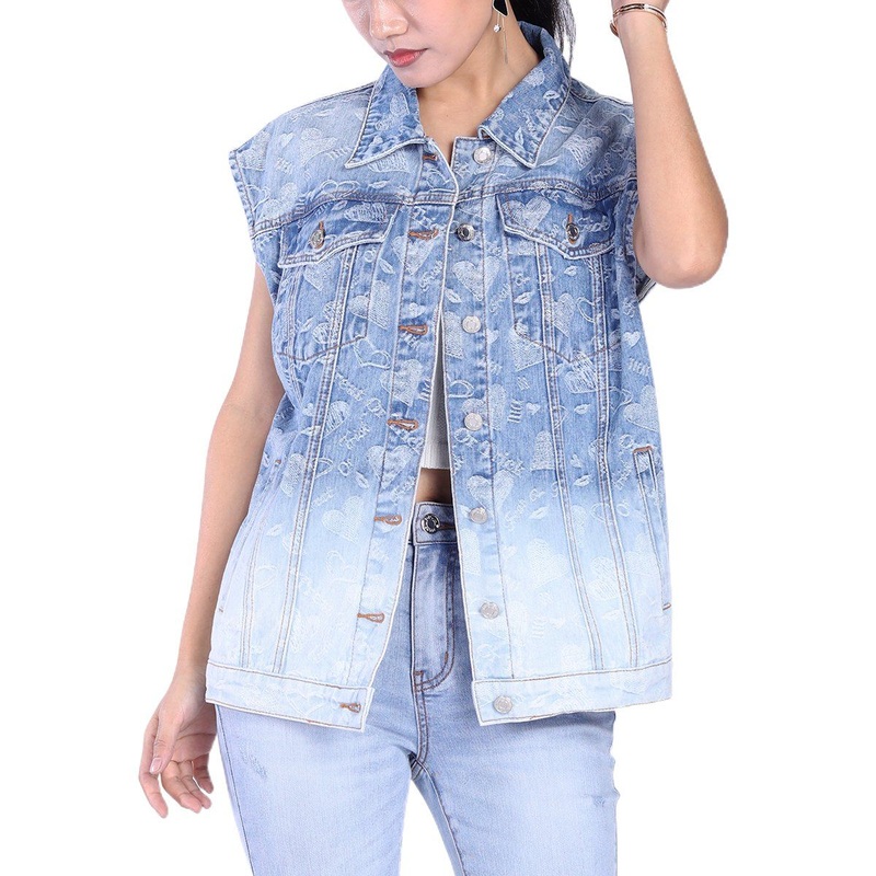 Custom Blue Denim Oversized Logo Printing Sleeveless Women Denim Vest – Womens Denim Jacket and Denim Jean Jacket price