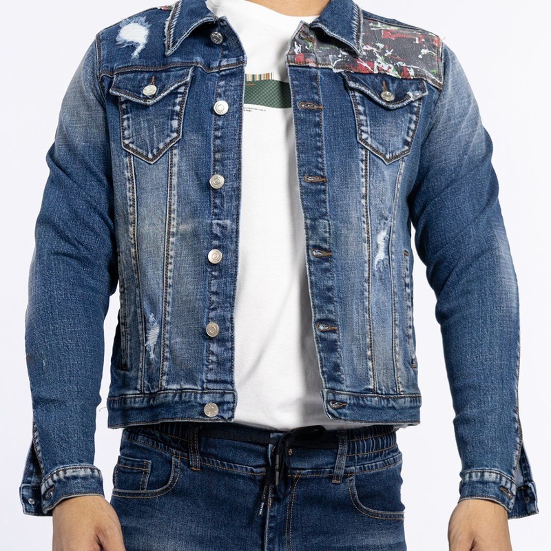 Custom Fashion Blue Denim Embroidery Patch Shoulder Destroyed Hole Long Sleeve Men Jacket – Man Denim Jacket and Man Jeans Jacket price