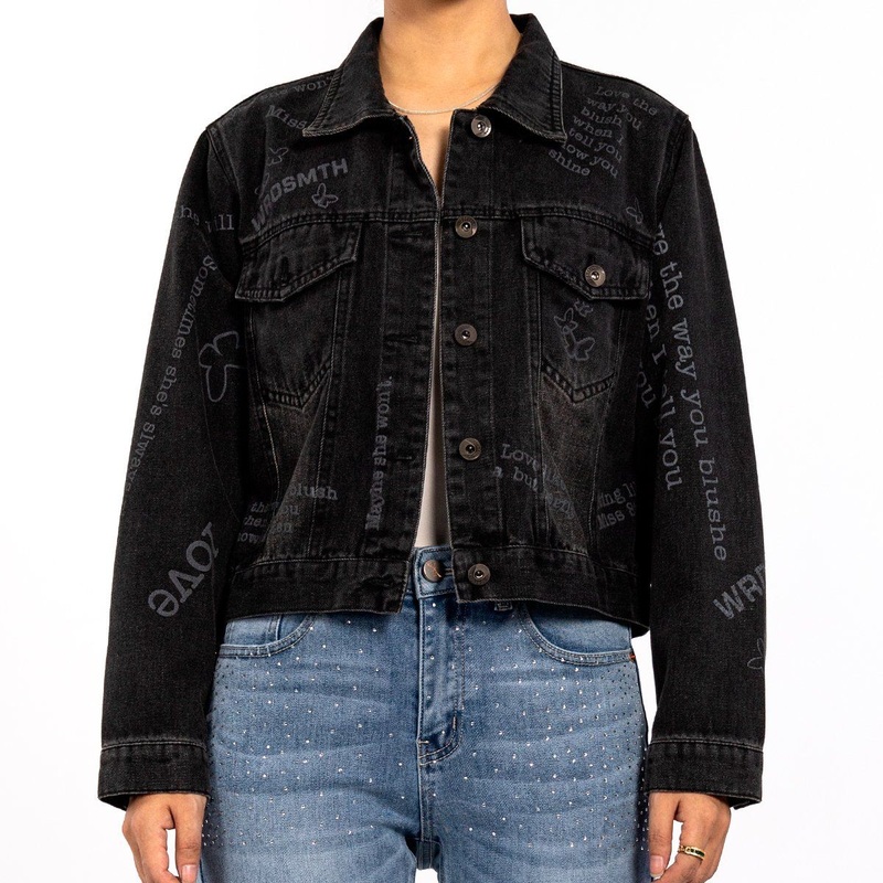Fashion Washed Designer Printed Graffiti Long Sleeve Black Jean Jacket Women – Women Jacket and Women Denim Jacket price