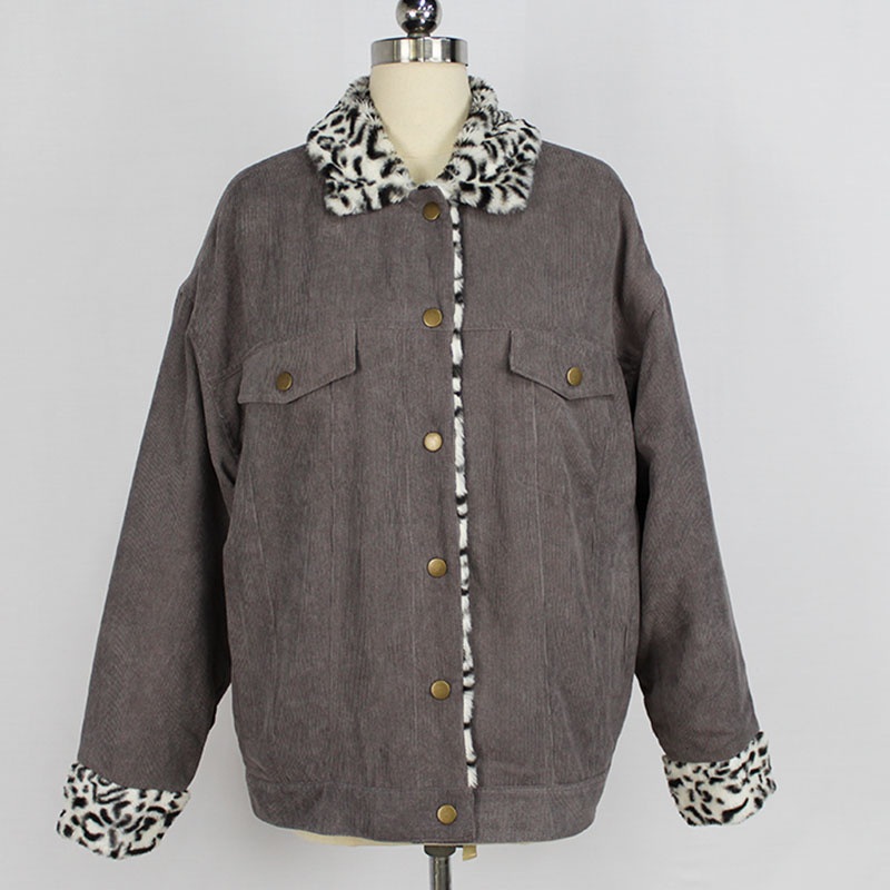Womens Customer Design Grey Color Corduroy Leopard Faux Fur Lining Jacket – Jacket and Waist Draw String Jacket price