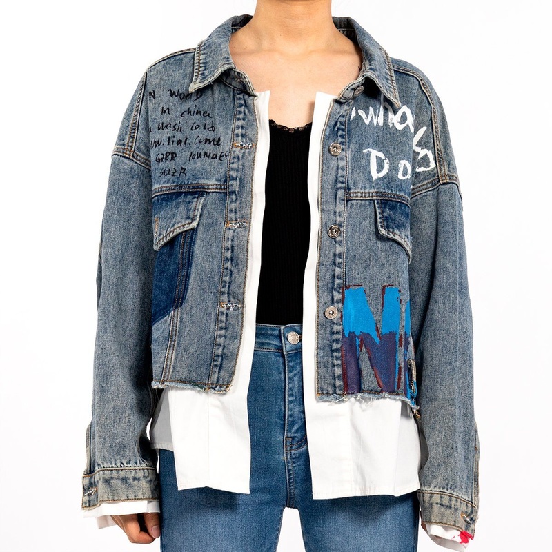 Custom Blue Colorblocking Printed Graffiti Long Sleeve Denim Jacket for Women – Patchwork Jacket and Jean Jacket Women price