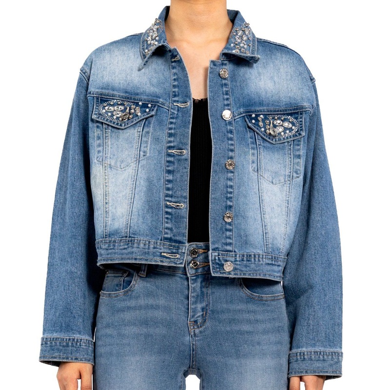 Designed Beaded Pearl Hand Sewn Rhinestone Long Sleeve Blue Jean Jacket Women – Mini Jacket and Women Denim Jacket price