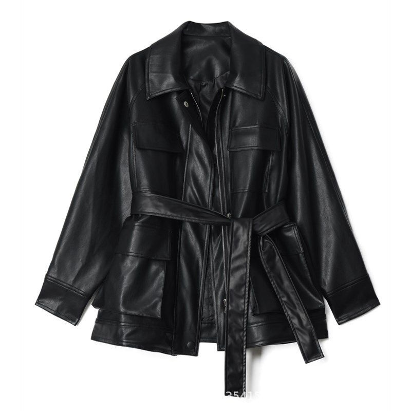 Women Black Faux Leather Shirt Outerwear Coat Ladies Loose Fit Blouse Jacket – Garments and Windbreaker Jacket price