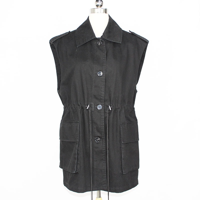 Womens Black Color Cotton Twill Patch Pockets Waist Draw String Front Button Sleeveless Vest Jacket – Jacket and Waist Draw String Jacket price