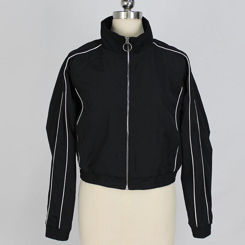 Womens Hot Sale Poly Water and Wind Proof Contrast White Piping Black Body Color Casual Short Jacket – Jacket and Zipper Front Jacket price