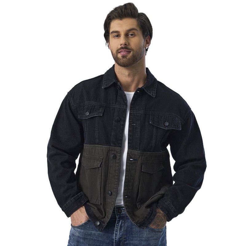 Custom 13oz Denim Two Color Patchwork Jean Motorcycle Jacket for Men – Men Coat and Apparel price