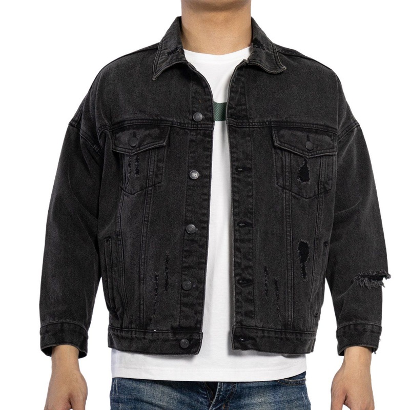 Custom Vintage Black Washed Ripped Destroyed Hole Pocket 13oz Man Denim Jacket – Jacket and Men Jacket price