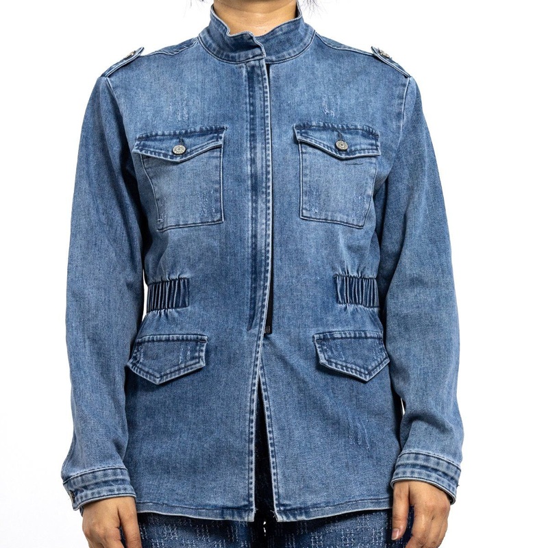 Womens Blue Fake Pockets Stand Collar Waisted Shoulder Badge Vintage Denim Jacket – Womens Denim Jackets and Jean Jacket Women price