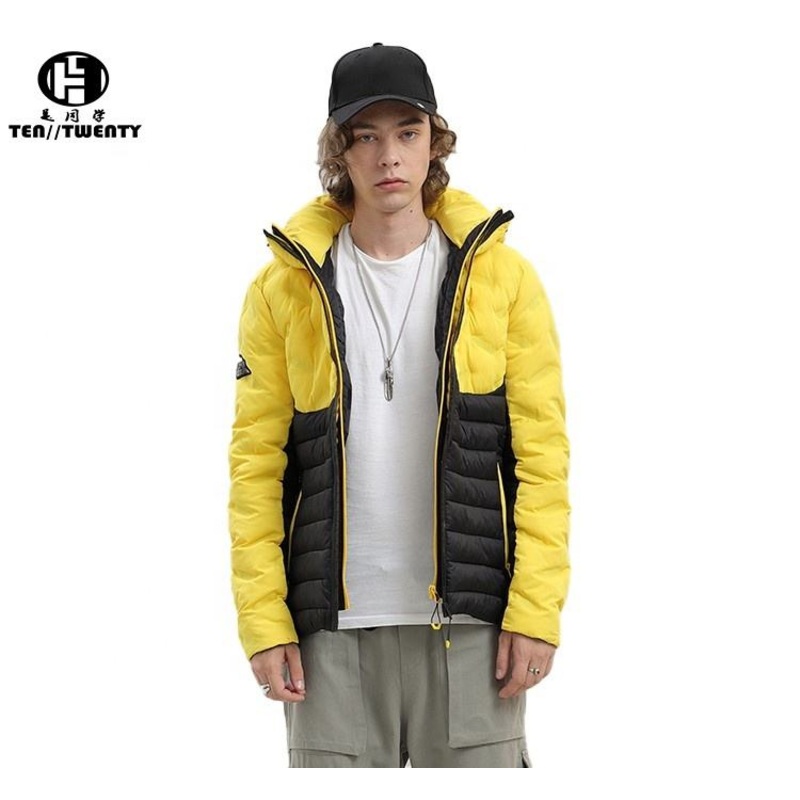 Hooded Quilted Lightweight Polyester Slim Splicing Mens Yellow Puffer Jacket – Jacket and Clothing price