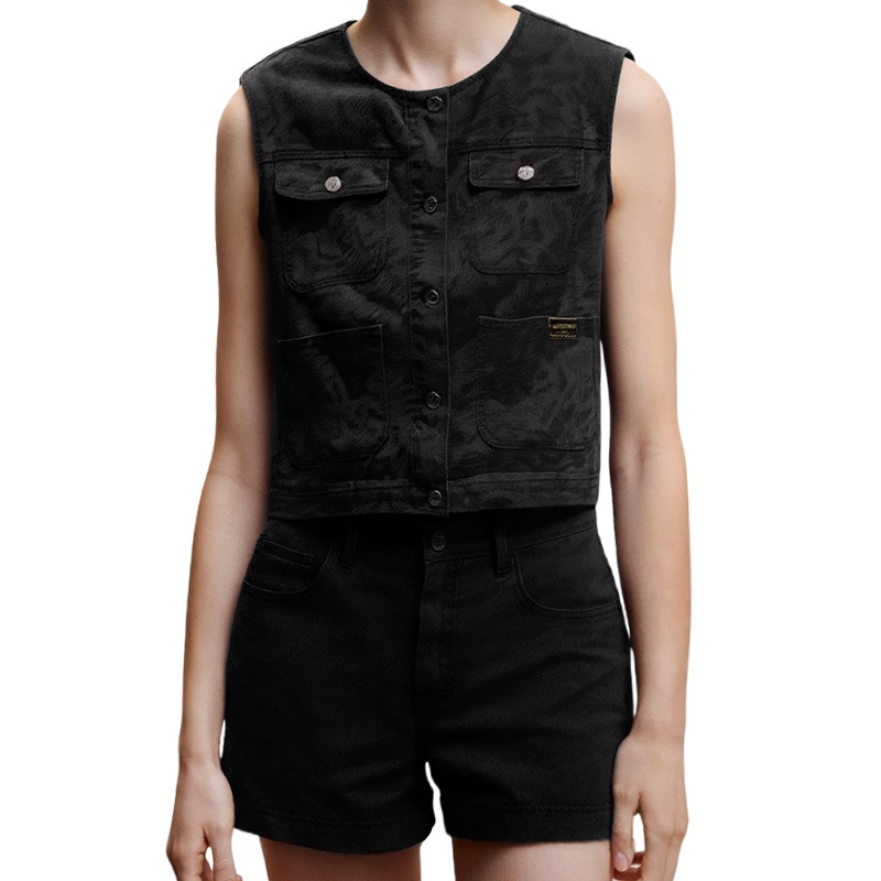 Custom Women Sleeveless Leopard Motorcycle Style Denim Vest – Womens Denim Vest and Denim Jean Top price