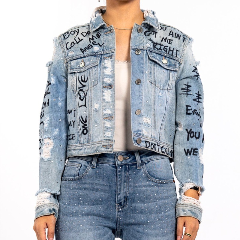 Custom Light Blue Printed Graffiti Ripped Long Sleeve Short Jean Jacket Women – Distressed Jacket and Printing Jacket price