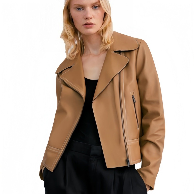 Winter Long Sleeve Leather PU Coat Solid Color Casual Woman Leather Jackets – Jacket and Clothing price
