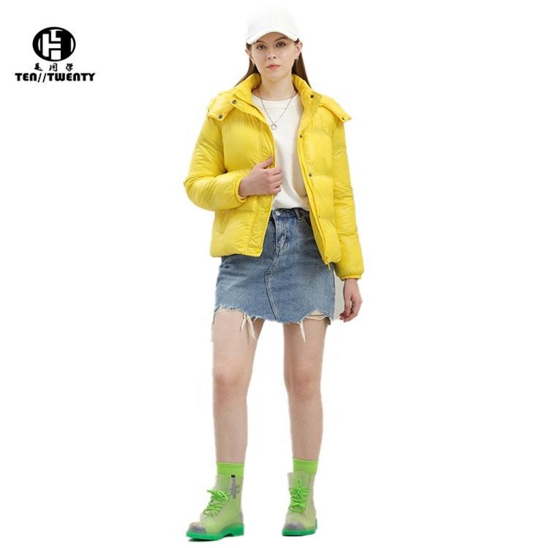Winter Shiny Hood Detachable Stand Collar Filled Yellow Women Bubble Jackets – Jacket and Clothing price