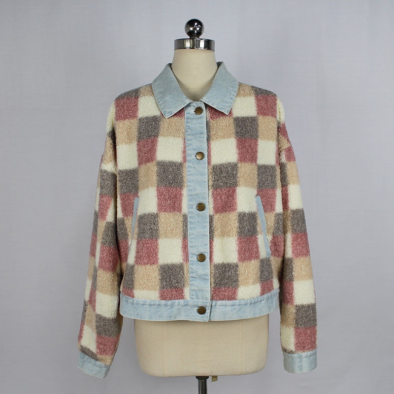 Womens Yarn Dye Plaid Sherpa with Light Blue Wash Denim Contrast Collar and Back Yoke Jacket – Jacket and Waist Draw String Jacket price