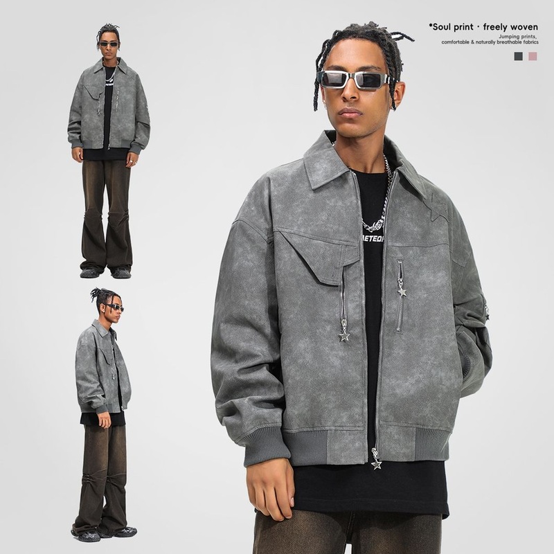 Spring and Autumn Suede Jacket Mens American Retro Motorcycle Suit Advanced Gradient Sfumato Aviator Leather Jacket – Inside Sublimation Lining Letterman Denim Jacket and Brand Embroidery Logo Jacket price