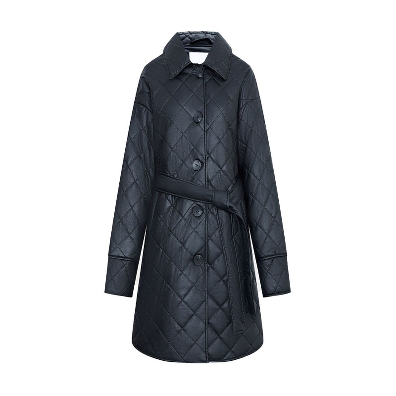 Winter Fashion Plaid Long Quilted Jacket Women Cotton Elegant Belt Slim Leather Trench Coat Women – Leather Trench Coat Women and Quilted Jacket Women Cotton price
