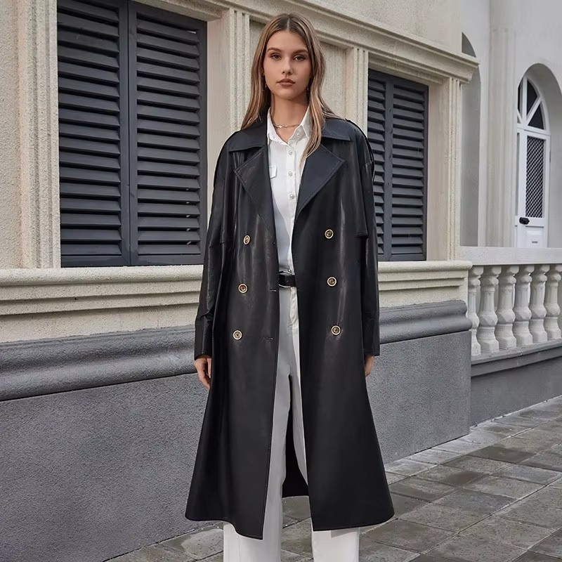 Classic Black PU Leather Coat for Women Ladies Leather Jacket Long Leather Trench Coat – Classic Black and Ladys Leather Coat price