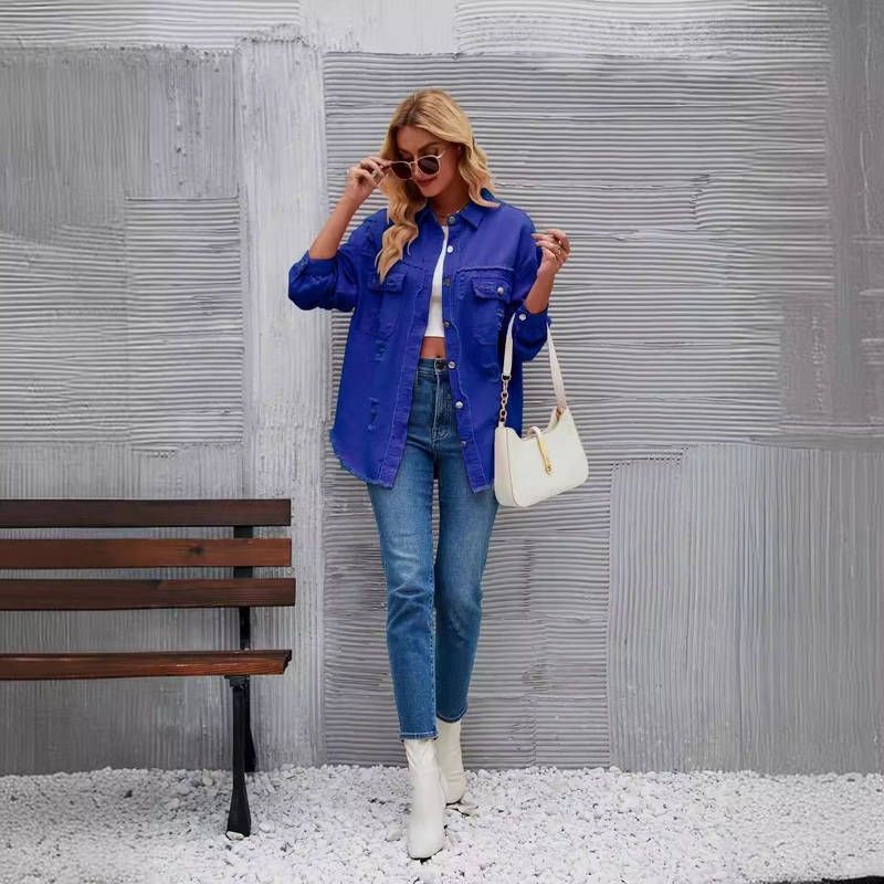 Fall Trend Washed Long Sleeve Hole Breaking Casual Loose Denim Jacket for Women – Outer Wear and Custom Fit Clothing price