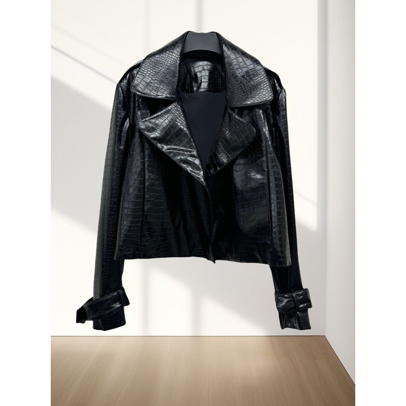 New Fashion Black Womens Crocodile Leather Coat Womens Coat Short Autumn and Winter PU – Leather and Woman price